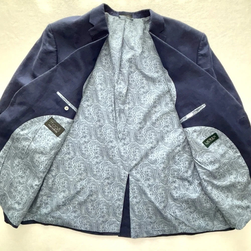 Lauren Ralph Lauren Men's 60L 100% Linen Navy Blue Blazer Paisley Lined